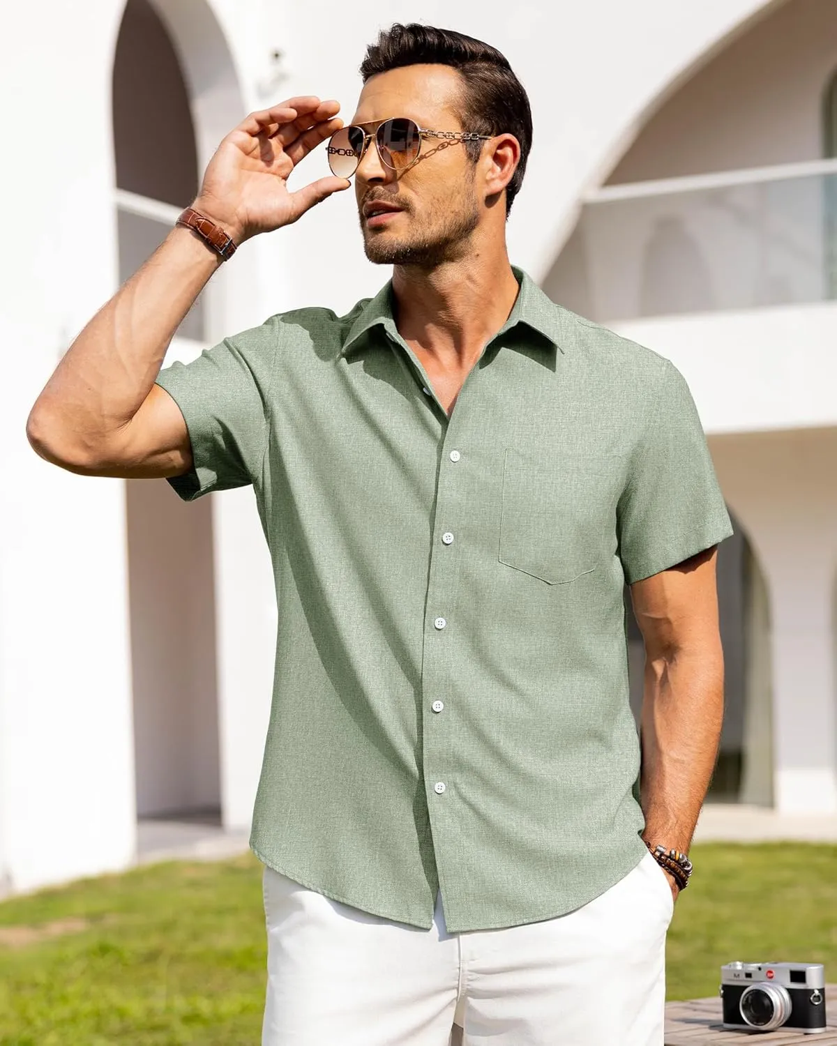 Alimens & Gentle Mens Linen Shirts Short Sleeve Button Down Shirts Wrinkle Free Casual Vacation Beach Summer Tops
