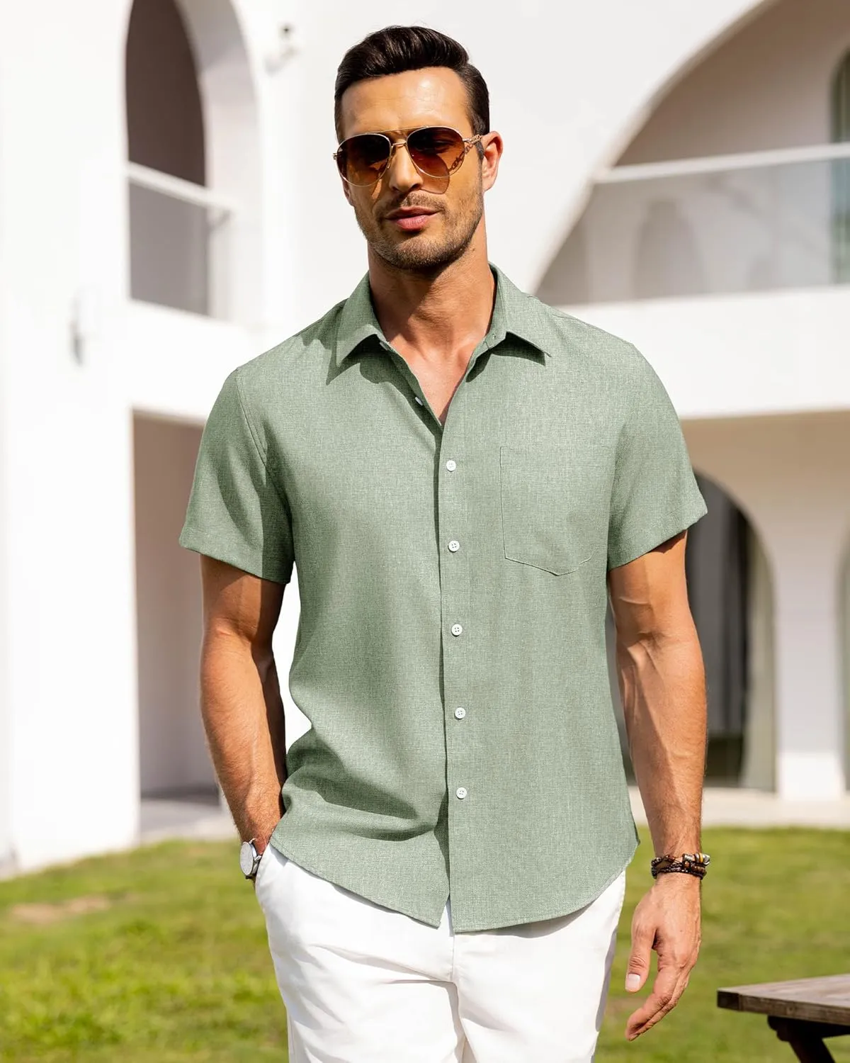 Alimens & Gentle Mens Linen Shirts Short Sleeve Button Down Shirts Wrinkle Free Casual Vacation Beach Summer Tops