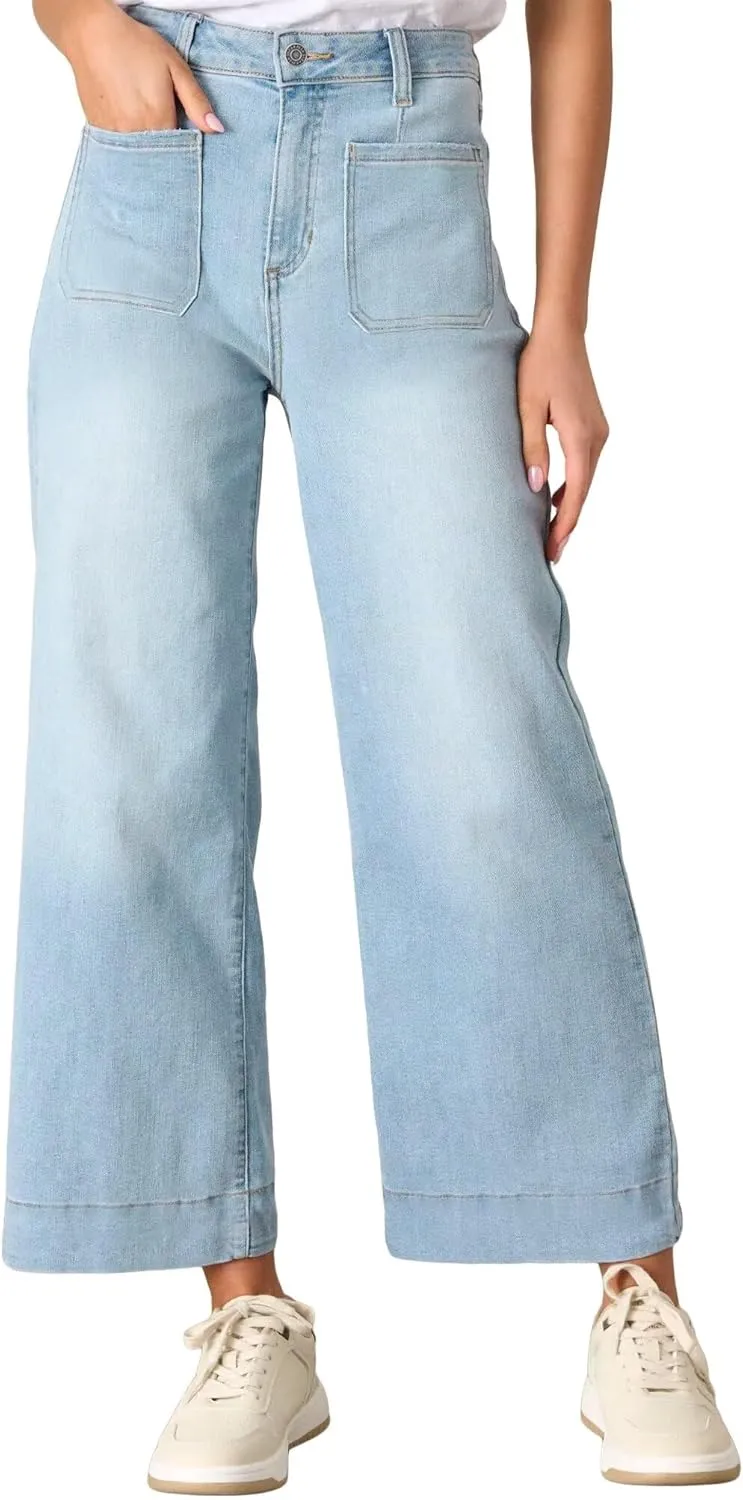 Allimy Women's High Waisted Cropped Wide Leg Jeans Stretchy Loose Denim Pants with Front Patch Pockets