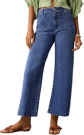Allimy Women's High Waisted Cropped Wide Leg Jeans Stretchy Loose Denim Pants with Front Patch Pockets
