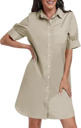 ANRABESS Womens Button Down Shirt Dress Summer Short Sleeve Business Casual Shift Dresses with Pockets 2025 Trendy
