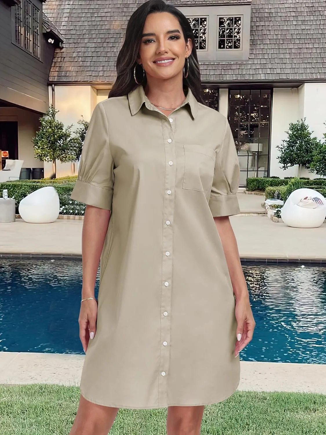 ANRABESS Womens Button Down Shirt Dress Summer Short Sleeve Business Casual Shift Dresses with Pockets 2025 Trendy