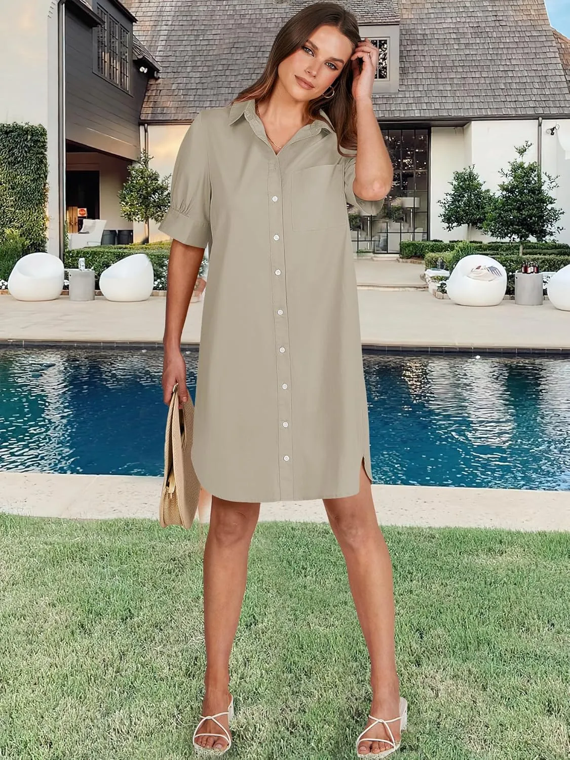 ANRABESS Womens Button Down Shirt Dress Summer Short Sleeve Business Casual Shift Dresses with Pockets 2025 Trendy