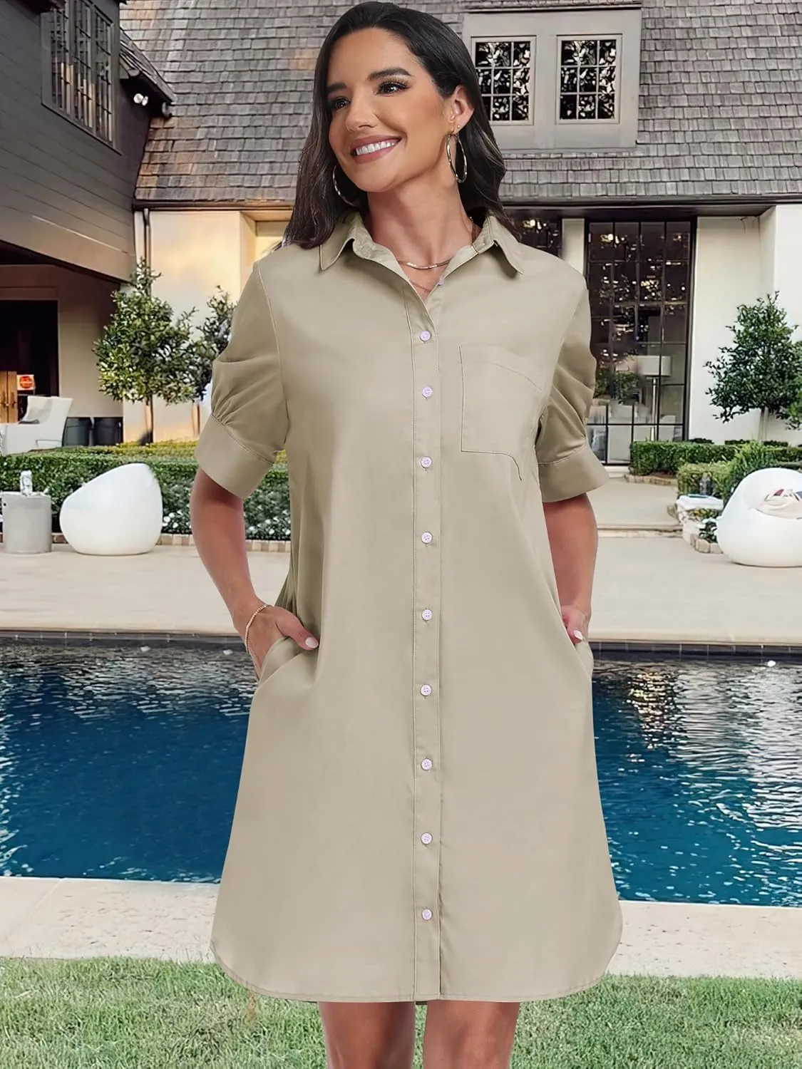 ANRABESS Womens Button Down Shirt Dress Summer Short Sleeve Business Casual Shift Dresses with Pockets 2025 Trendy