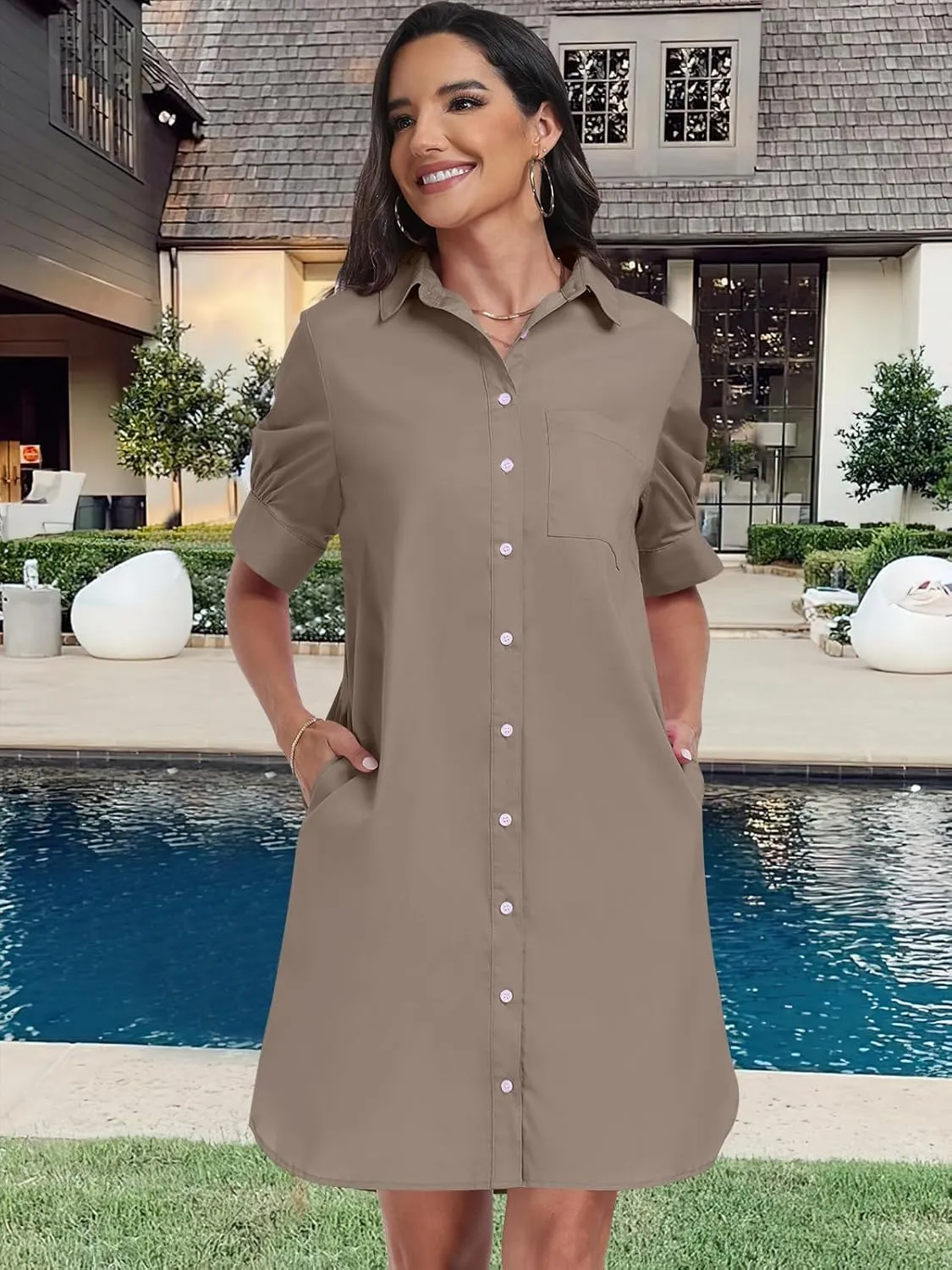 ANRABESS Womens Button Down Shirt Dress Summer Short Sleeve Business Casual Shift Dresses with Pockets 2025 Trendy