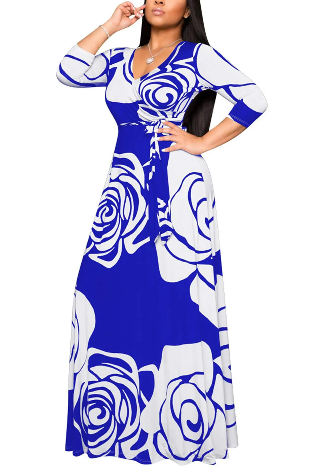 Blue Flower Womens Casual Floral Print Long Maxi Dress Plus Size Plain Party Outfits - JTNFairy