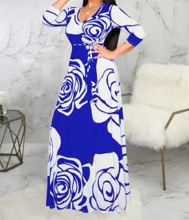 Blue Flower Womens Casual Floral Print Long Maxi Dress Plus Size Plain Party Outfits - JTNFairy