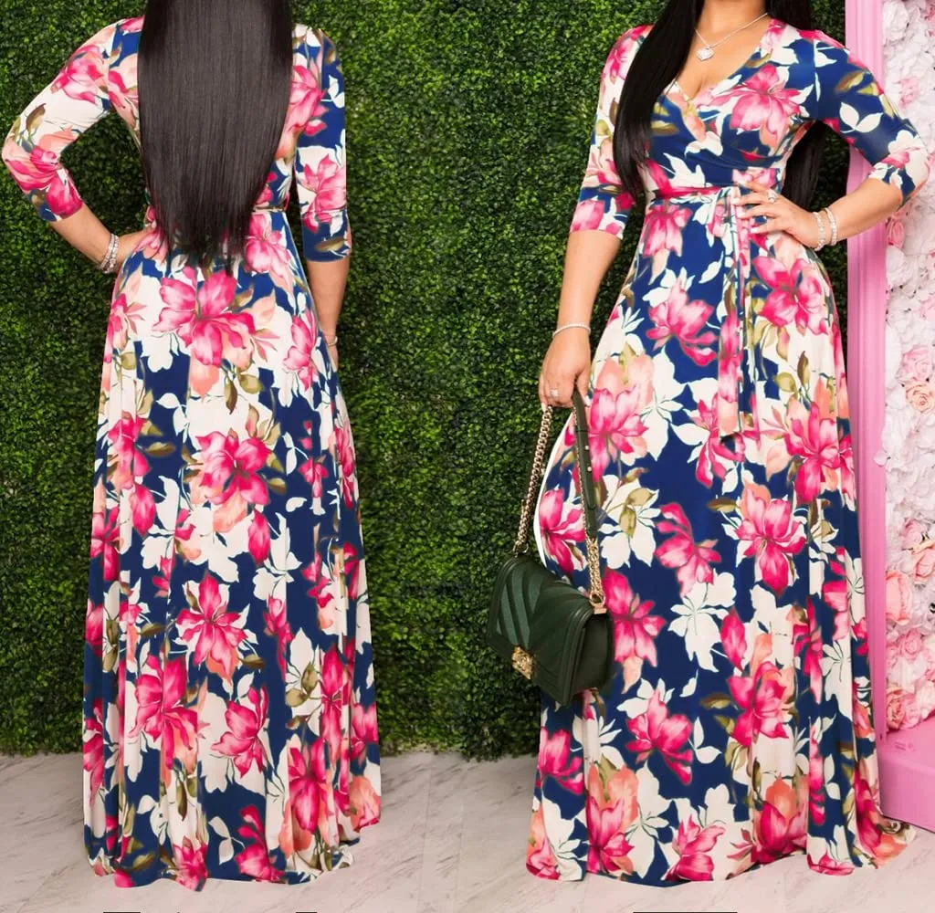 Blue Flower Womens Casual Floral Print Long Maxi Dress Plus Size Plain Party Outfits - JTNFairy