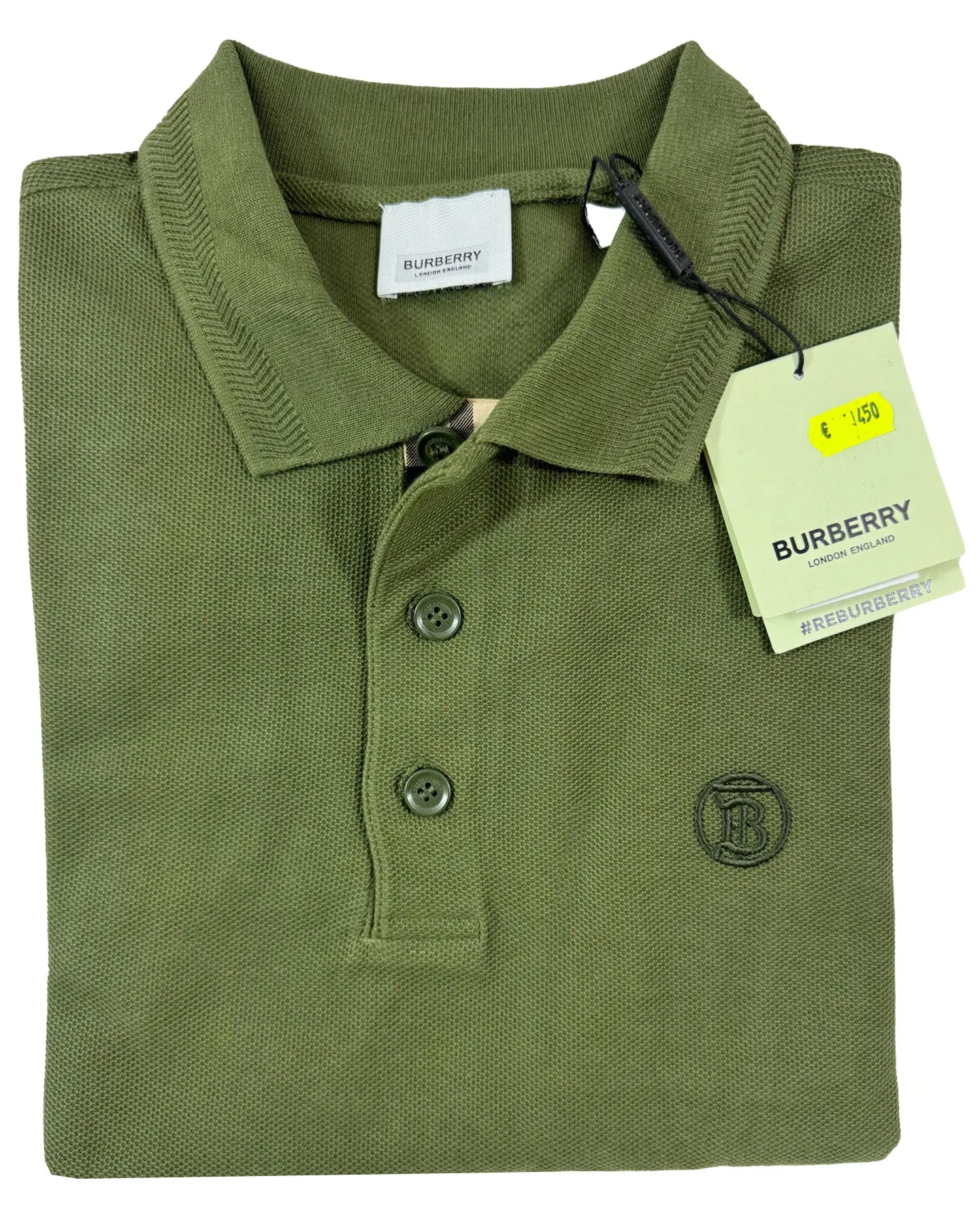Burberry Men Polo Shirt Eddie Olive Cotton Regular Fit L FINAL SALE
