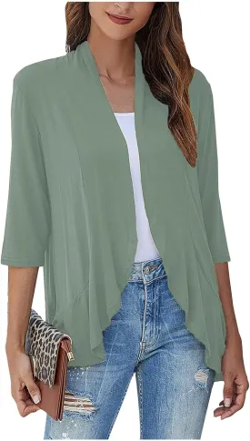 Cardigan for Women Lightweight Summer 3/4 Sleeve Open Front Ruffle Kimono Cardigan Duster