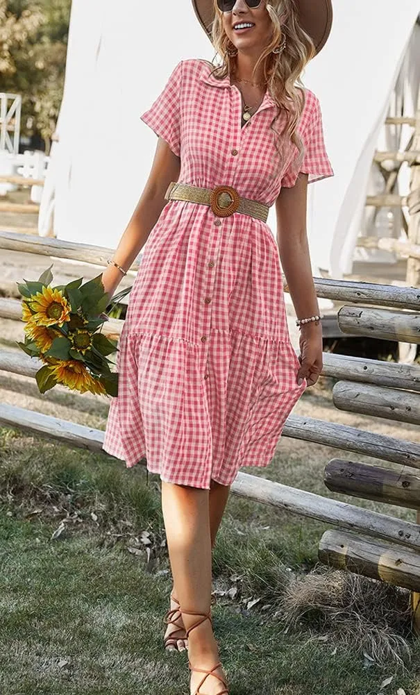 chouyatou Women's Summer Flutter Sleeve Midi Long Gingham Dress Plaid Button Down Shirt Dress