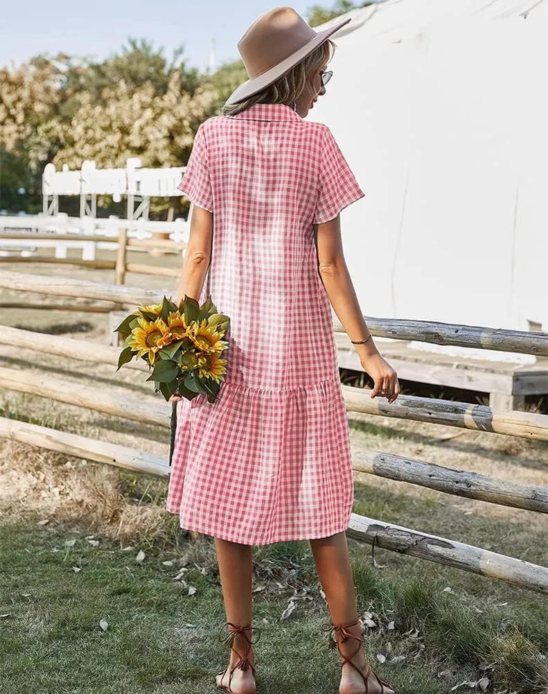 chouyatou Women's Summer Flutter Sleeve Midi Long Gingham Dress Plaid Button Down Shirt Dress