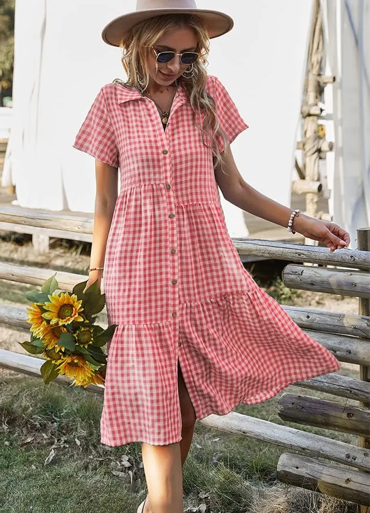 chouyatou Women's Summer Flutter Sleeve Midi Long Gingham Dress Plaid Button Down Shirt Dress