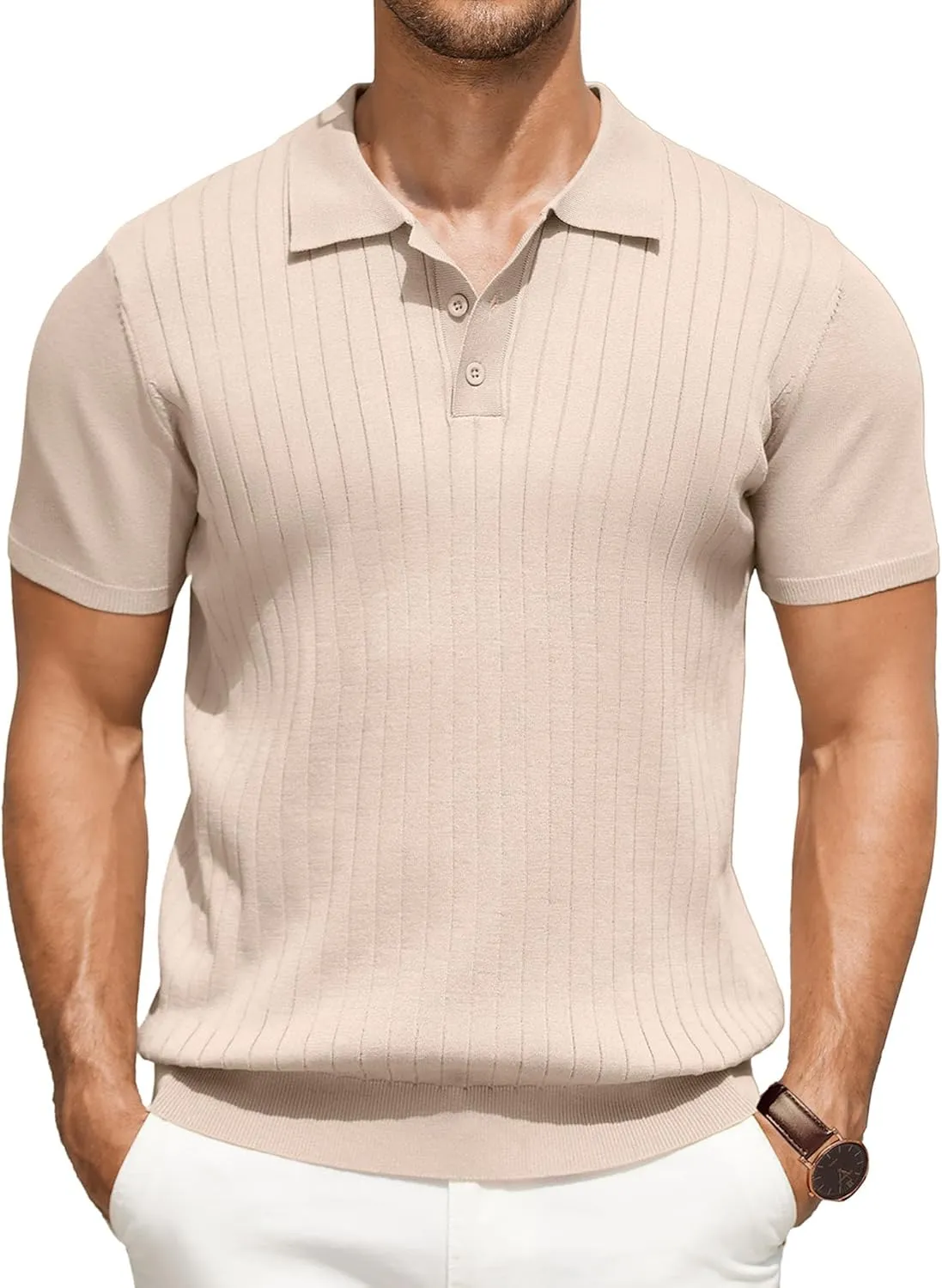 COOFANDY Men's Knit Polo Shirts Short Sleeve Ribbed Knitted Shirt Summer Lightweight Casual Golf Shirts