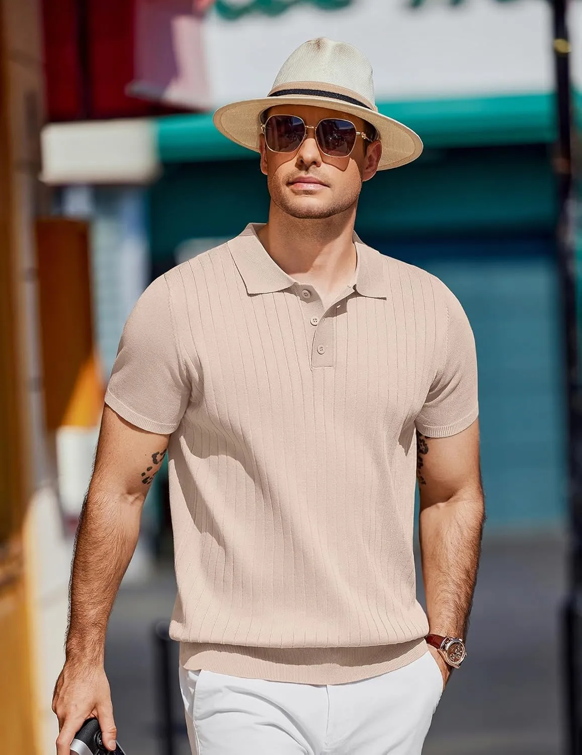 COOFANDY Men's Knit Polo Shirts Short Sleeve Ribbed Knitted Shirt Summer Lightweight Casual Golf Shirts
