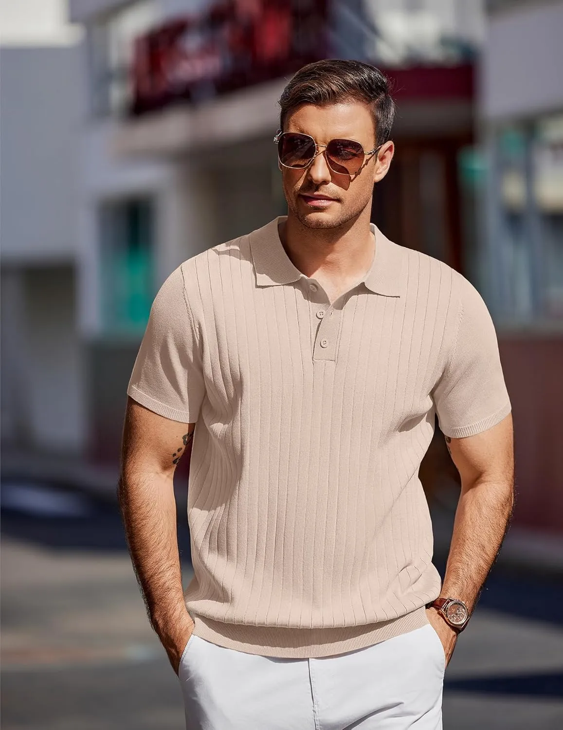 COOFANDY Men's Knit Polo Shirts Short Sleeve Ribbed Knitted Shirt Summer Lightweight Casual Golf Shirts