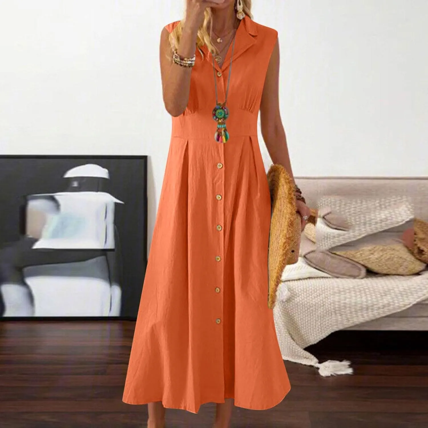 Cotton Linen Dresses for Women 2025 Summer Maxi Sleeveless Dress Button Down Work Dresses Lapel V Neck Lightweight Frocks