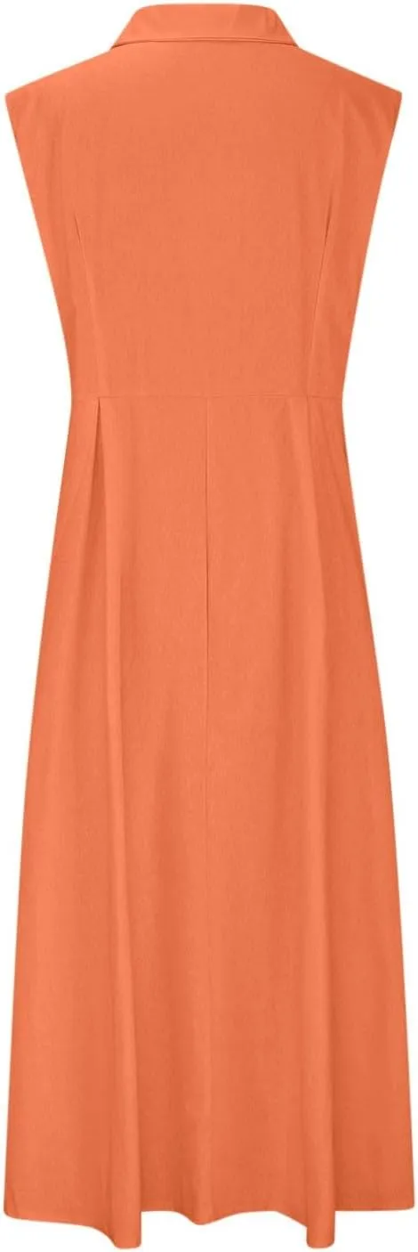 Cotton Linen Dresses for Women 2025 Summer Maxi Sleeveless Dress Button Down Work Dresses Lapel V Neck Lightweight Frocks