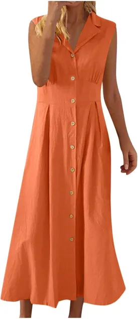 Cotton Linen Dresses for Women 2025 Summer Maxi Sleeveless Dress Button Down Work Dresses Lapel V Neck Lightweight Frocks