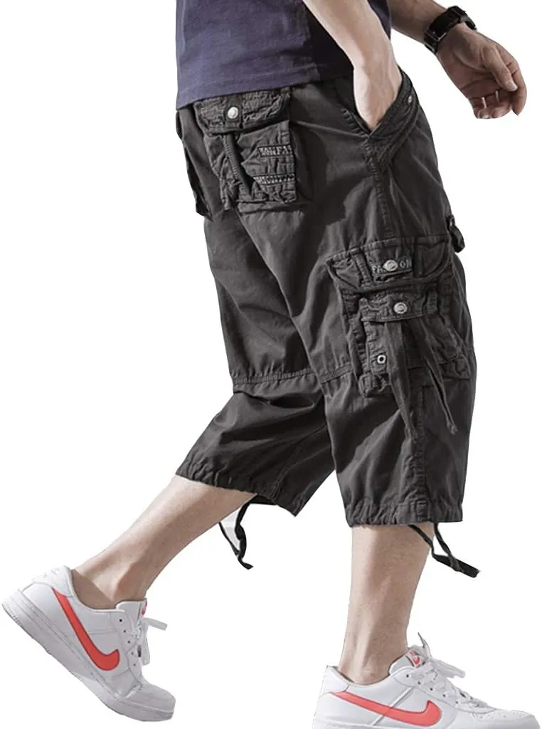 DONGD Mens Cargo Shorts Cotton 3/4 Loose Fit Below Knee Capri Cargo Short
