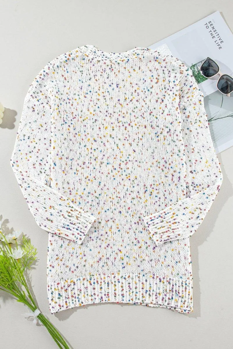 Dotted Multicolor Cream Knit Long Sleeve Cardigan