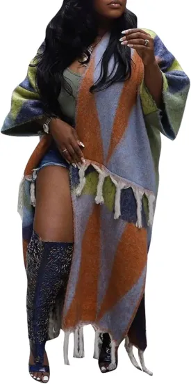 Ecirod Womens 2024 Fall Open Front Fringe Knit Cardigan Long Sweaters Aztec Double Slit Tassels Kimono Duster Cardigans