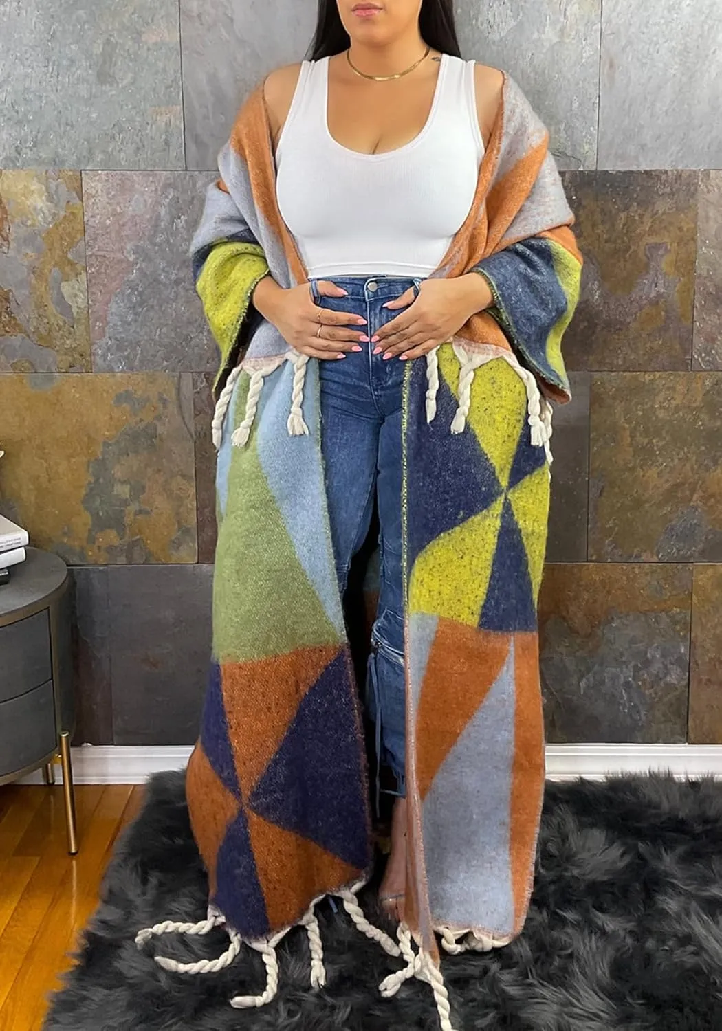 Ecirod Womens 2024 Fall Open Front Fringe Knit Cardigan Long Sweaters Aztec Double Slit Tassels Kimono Duster Cardigans