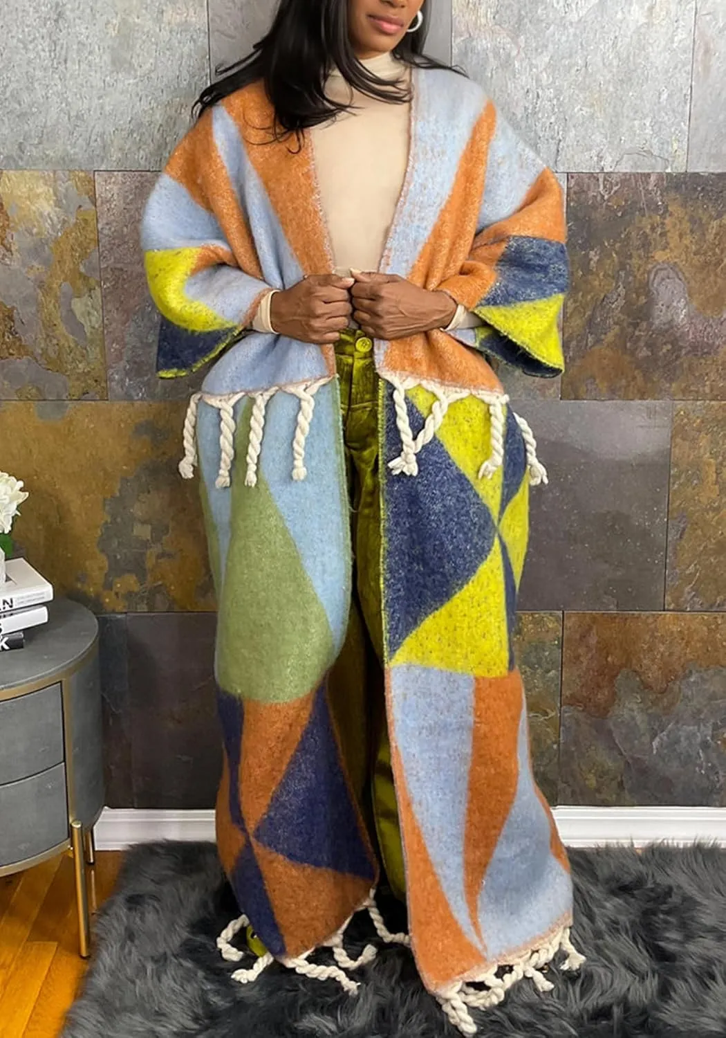 Ecirod Womens 2024 Fall Open Front Fringe Knit Cardigan Long Sweaters Aztec Double Slit Tassels Kimono Duster Cardigans