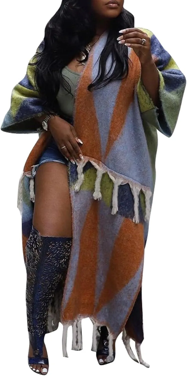 Ecirod Womens 2024 Fall Open Front Fringe Knit Cardigan Long Sweaters Aztec Double Slit Tassels Kimono Duster Cardigans