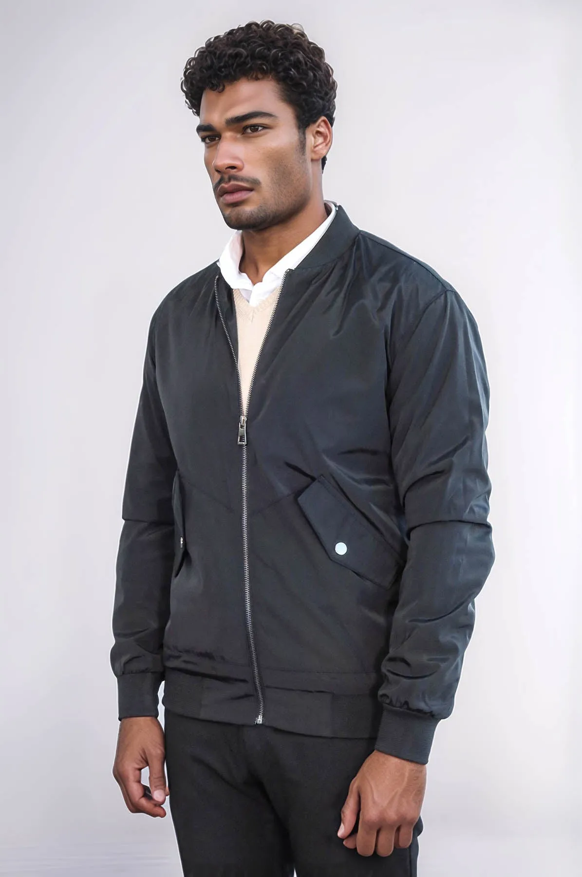 Flap Pockets Zippered Black Men Bomber Coat - Wessi