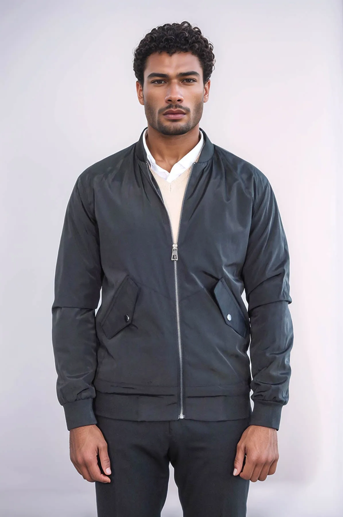 Flap Pockets Zippered Black Men Bomber Coat - Wessi