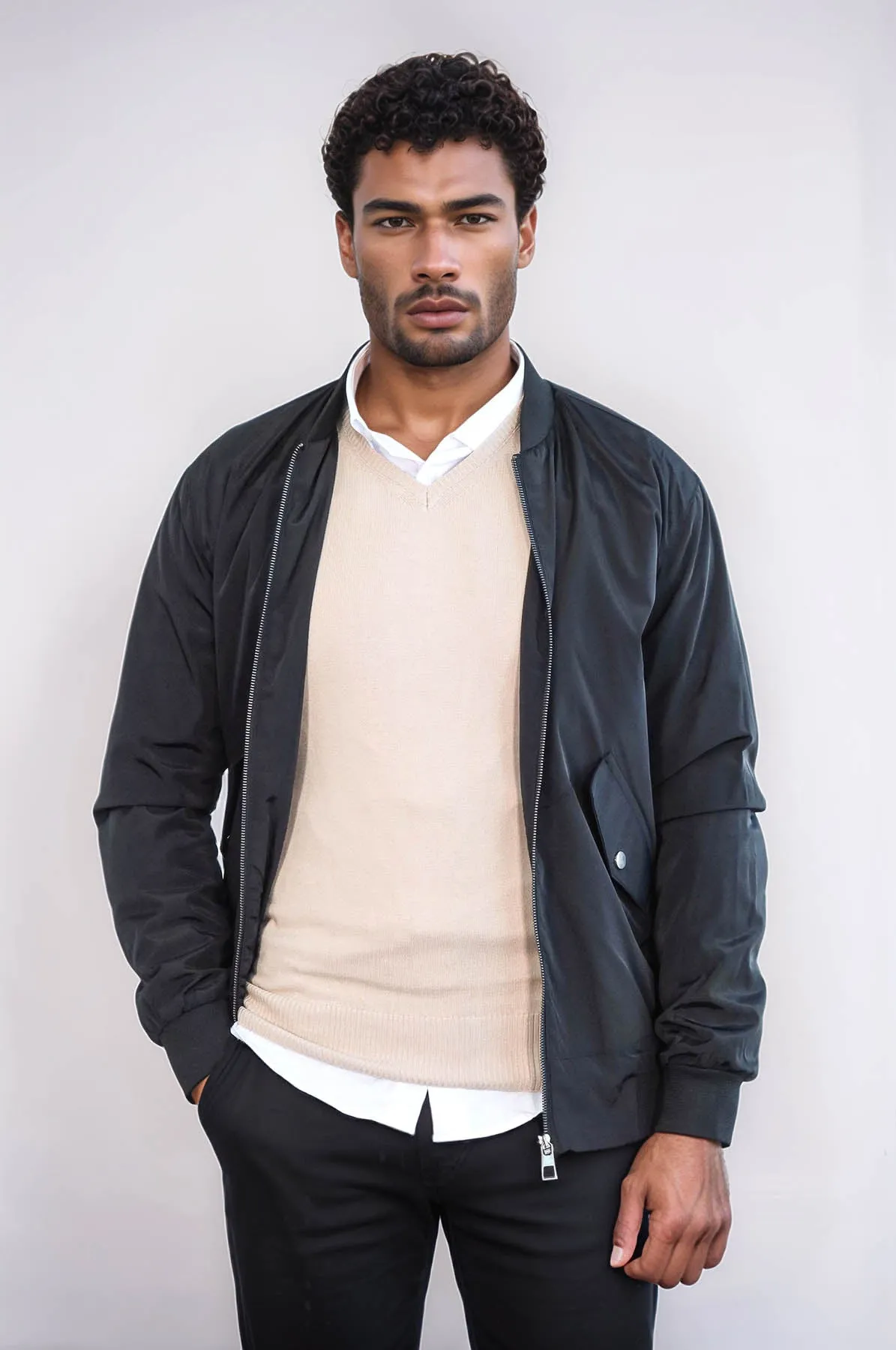 Flap Pockets Zippered Black Men Bomber Coat - Wessi