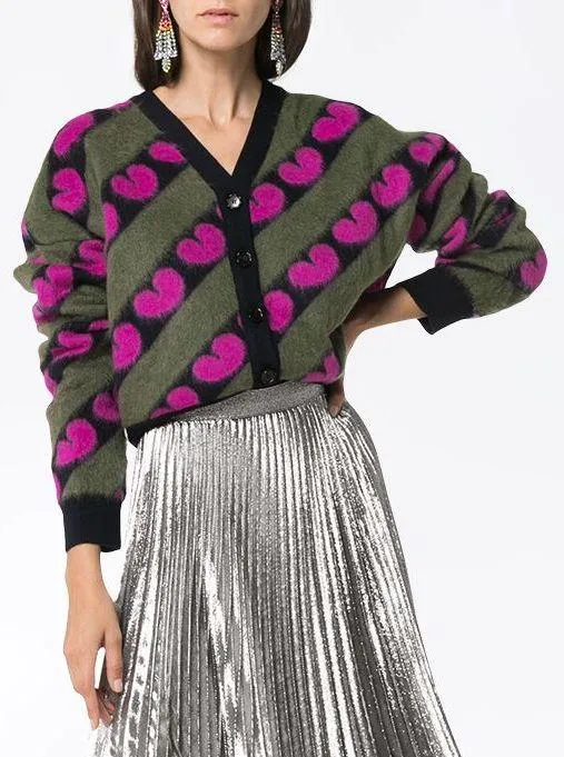 Fluffy Heart Print Wool-Blend Cardigan