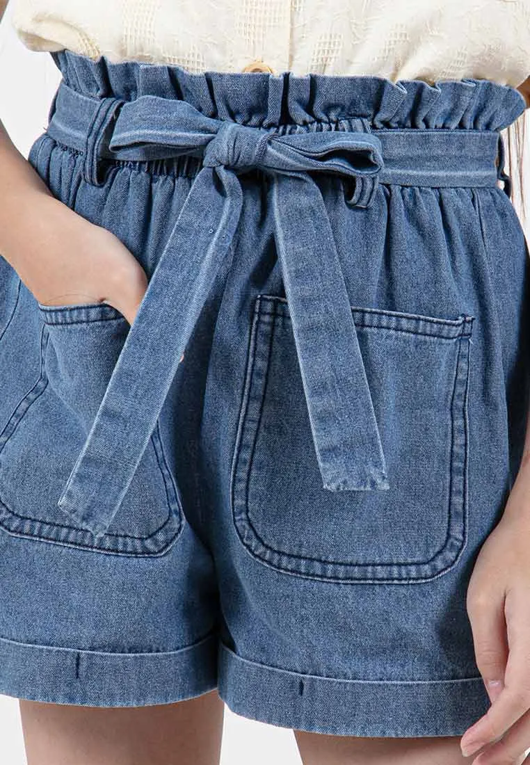 Forest Kids Girl Elastic Waist Short Pants Denim Paperbag Shorts | Seluar Budak Perempuan - FK865004