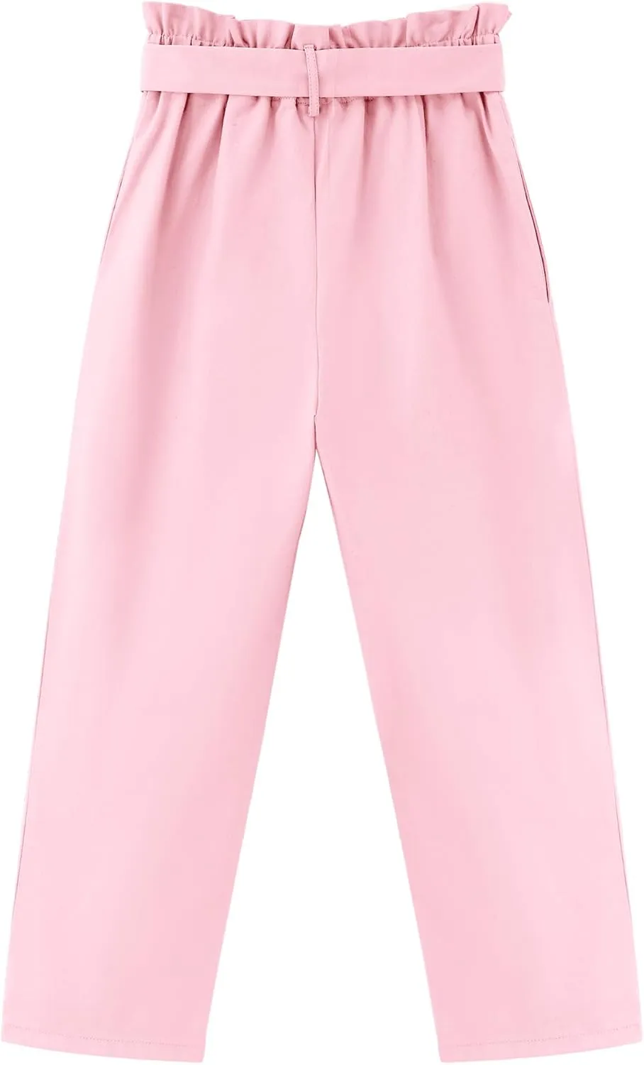 GERU Girls High Waist Belted Paperbag Pants Casual Fit Elastic Tapered Trousers with Pockets 4-12 Years