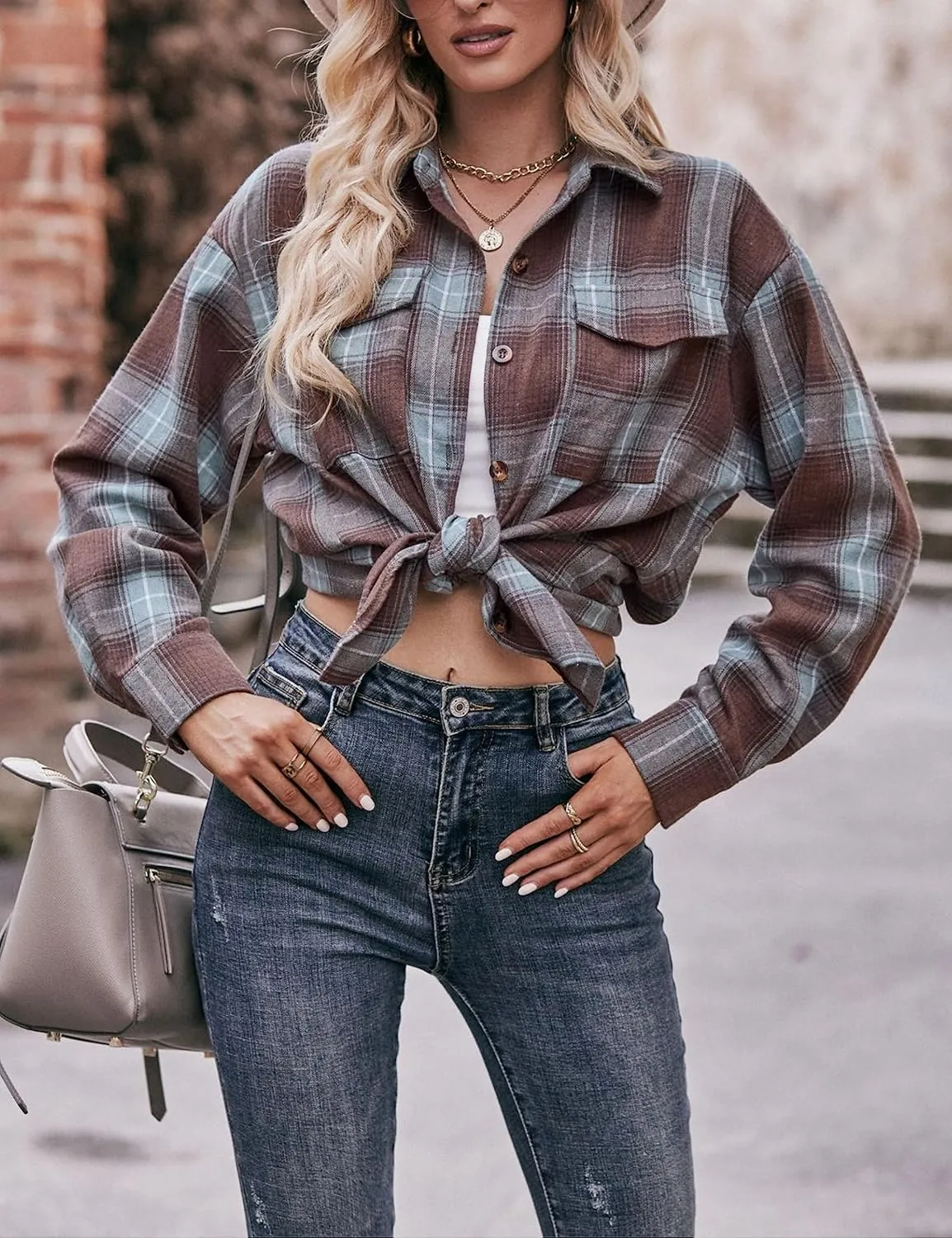 HangNiFang Oversized Plaid Flannel Shirts for Women Long Sleeve Button Down Buffalo Plaid Shirts Blouse