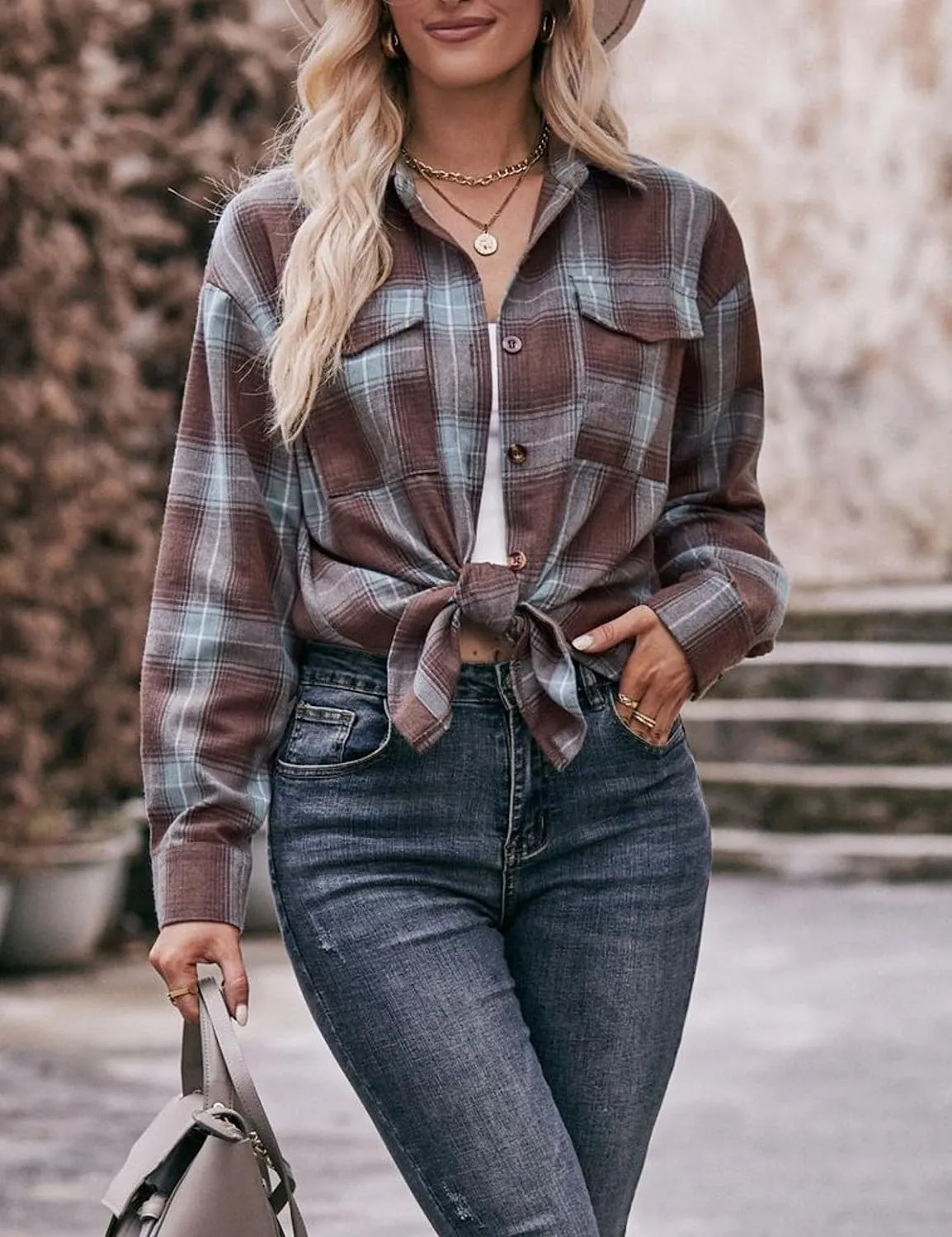 HangNiFang Oversized Plaid Flannel Shirts for Women Long Sleeve Button Down Buffalo Plaid Shirts Blouse