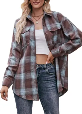 HangNiFang Oversized Plaid Flannel Shirts for Women Long Sleeve Button Down Buffalo Plaid Shirts Blouse