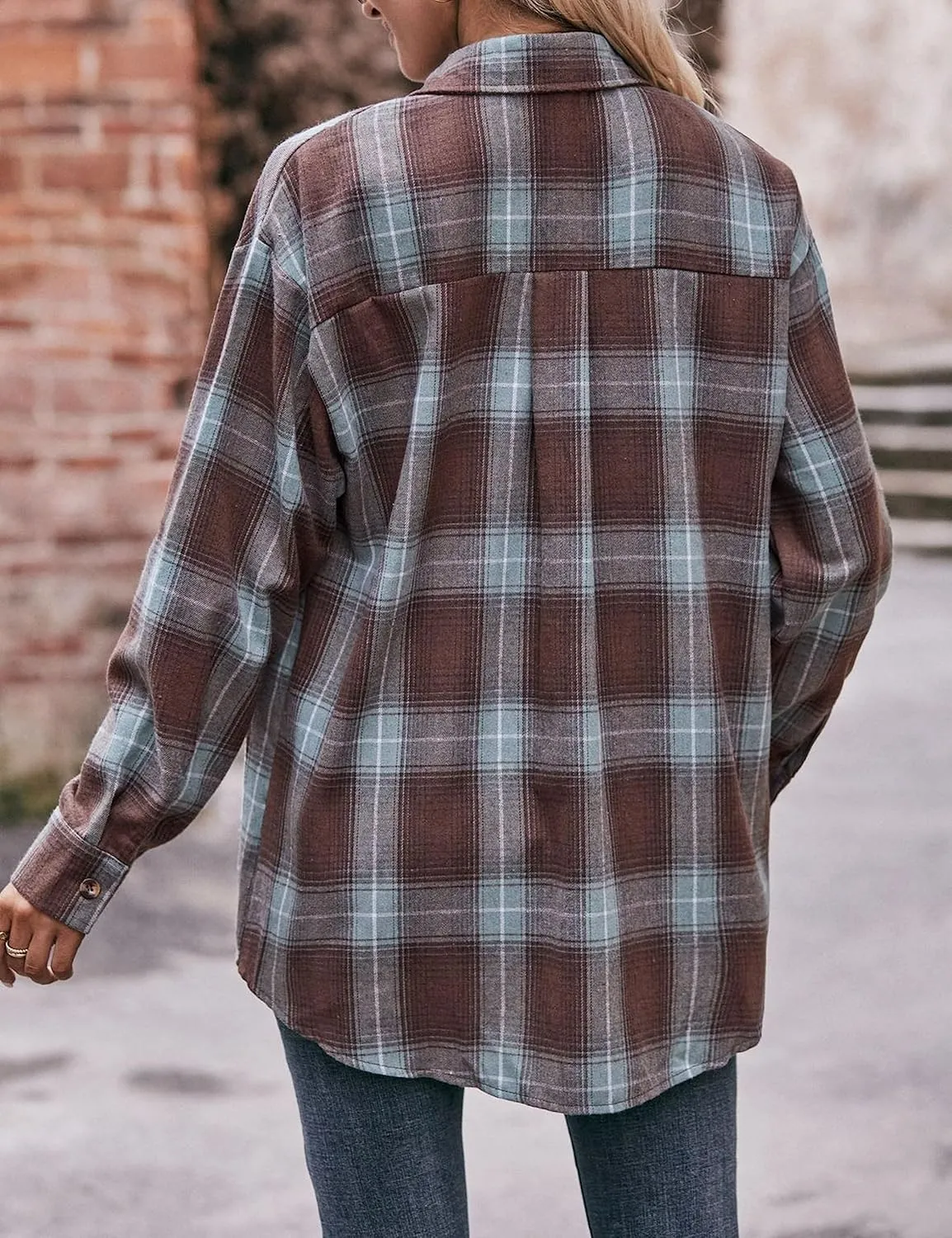 HangNiFang Oversized Plaid Flannel Shirts for Women Long Sleeve Button Down Buffalo Plaid Shirts Blouse