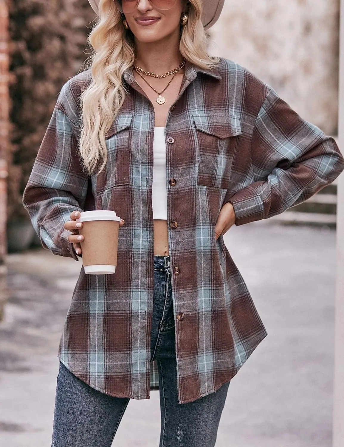 HangNiFang Oversized Plaid Flannel Shirts for Women Long Sleeve Button Down Buffalo Plaid Shirts Blouse