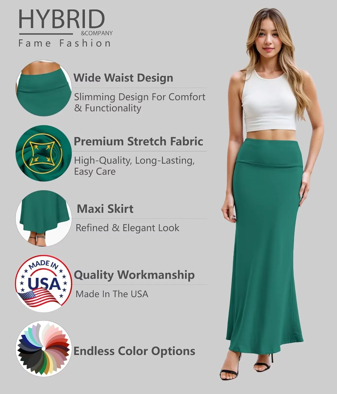 Hybrid & Company Women Versatile Fold Over Waist Maxi Skirt/Convertible Dress