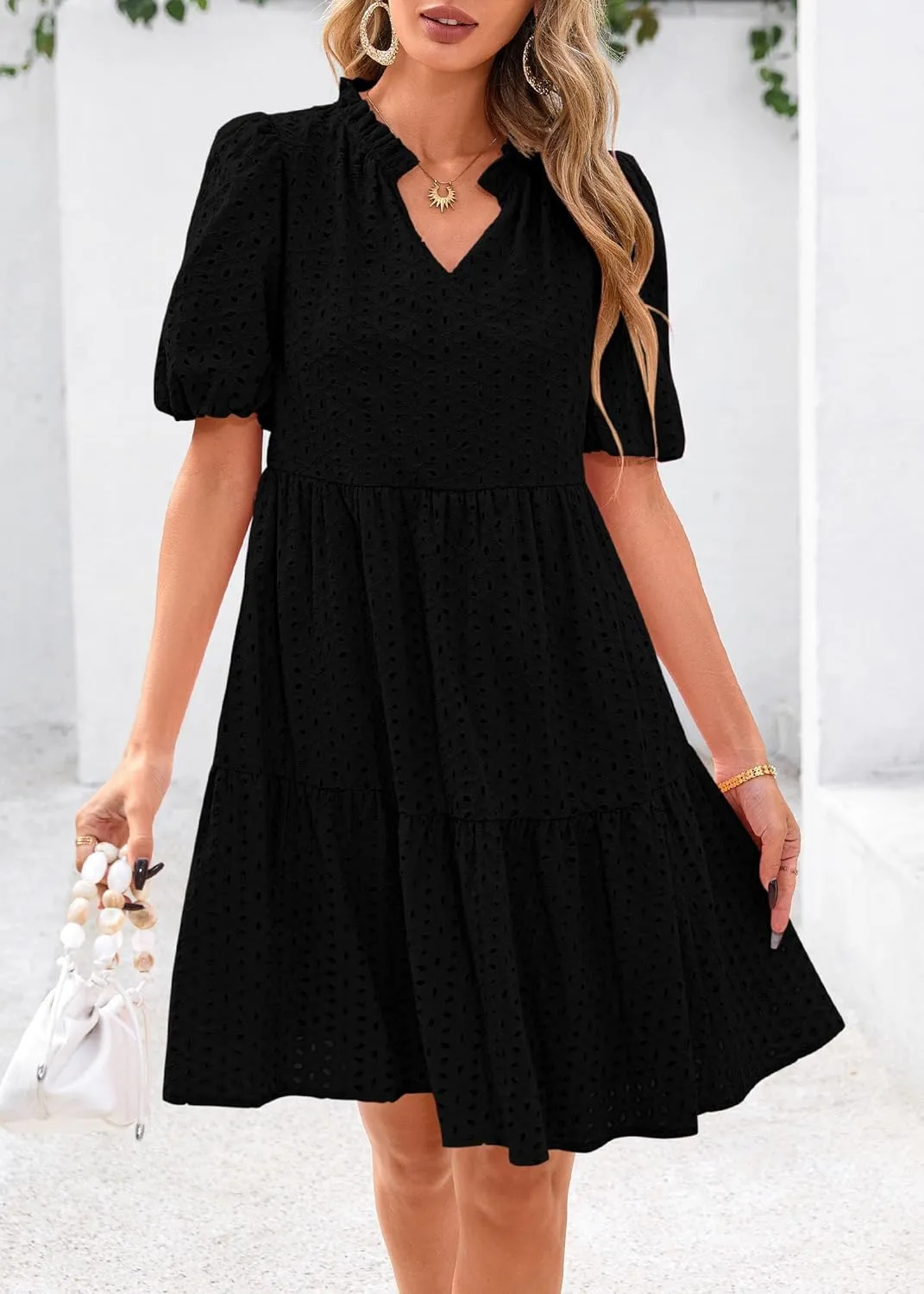 KIRUNDO Eyelet Summer Dresses for Women Mini Casual Hollow Out Short Sleeve Lace Tiered V Neck Shift Dress with Pockets