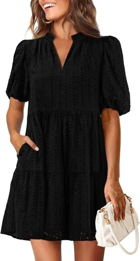KIRUNDO Eyelet Summer Dresses for Women Mini Casual Hollow Out Short Sleeve Lace Tiered V Neck Shift Dress with Pockets