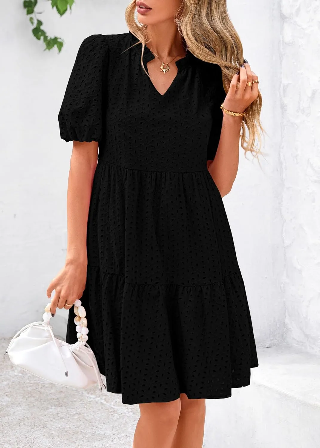 KIRUNDO Eyelet Summer Dresses for Women Mini Casual Hollow Out Short Sleeve Lace Tiered V Neck Shift Dress with Pockets