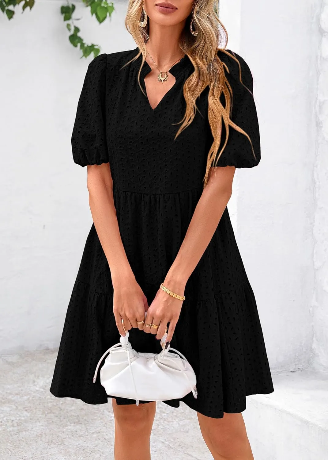 KIRUNDO Eyelet Summer Dresses for Women Mini Casual Hollow Out Short Sleeve Lace Tiered V Neck Shift Dress with Pockets
