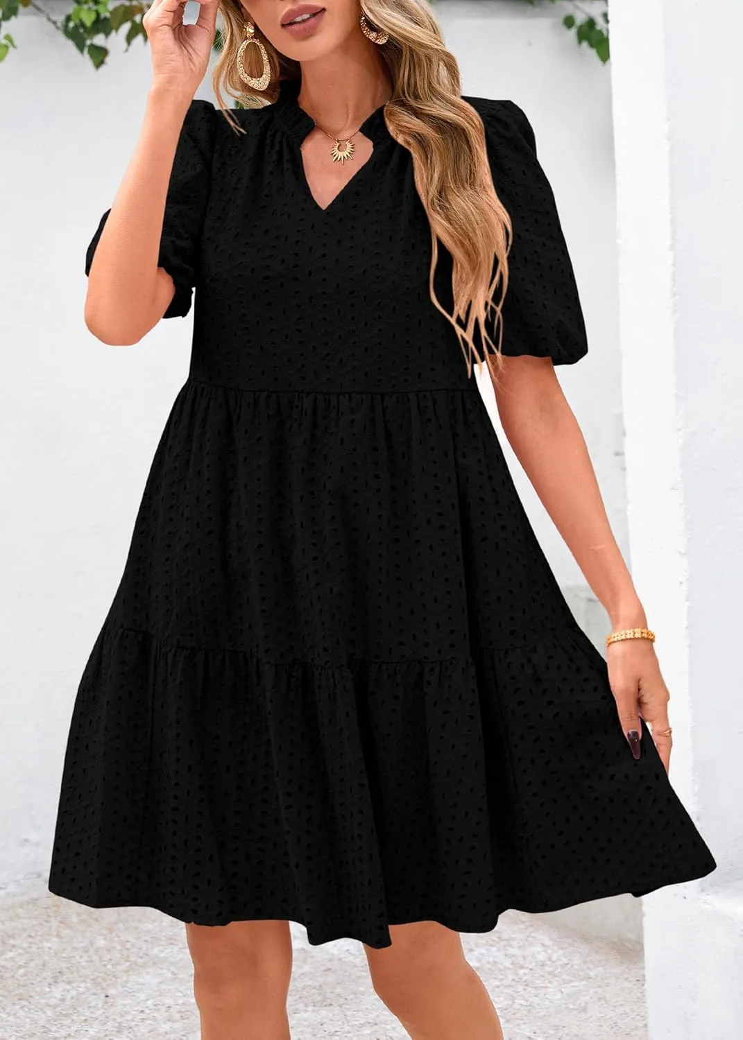KIRUNDO Eyelet Summer Dresses for Women Mini Casual Hollow Out Short Sleeve Lace Tiered V Neck Shift Dress with Pockets