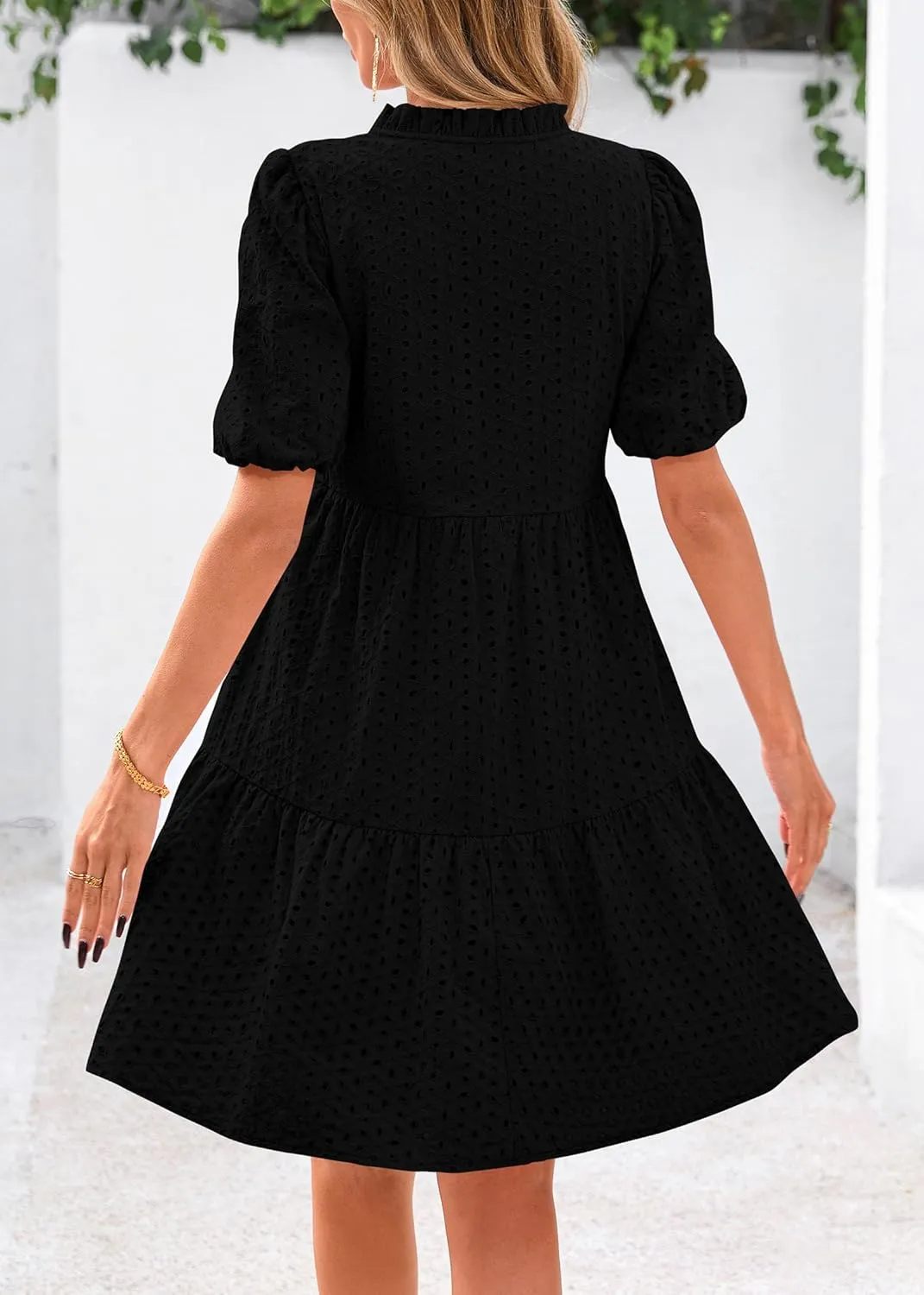 KIRUNDO Eyelet Summer Dresses for Women Mini Casual Hollow Out Short Sleeve Lace Tiered V Neck Shift Dress with Pockets