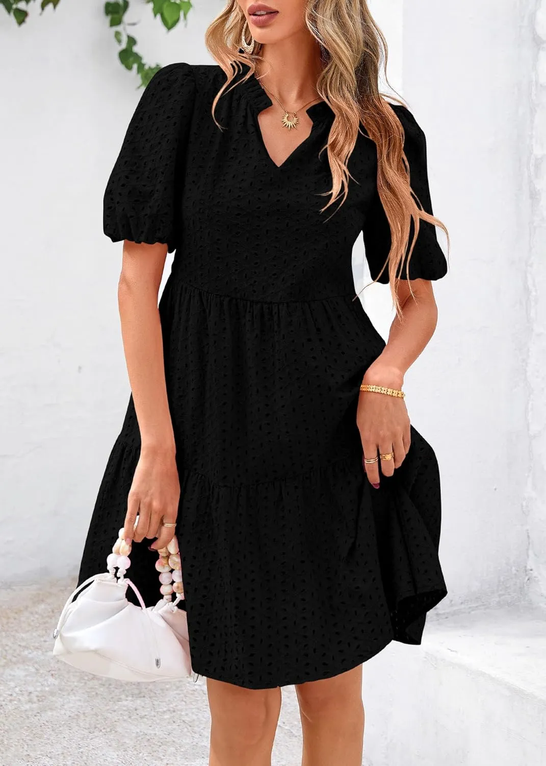 KIRUNDO Eyelet Summer Dresses for Women Mini Casual Hollow Out Short Sleeve Lace Tiered V Neck Shift Dress with Pockets