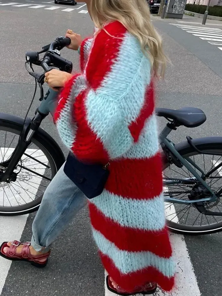 Knitted Cardigan Loose Women  Striped Sweater