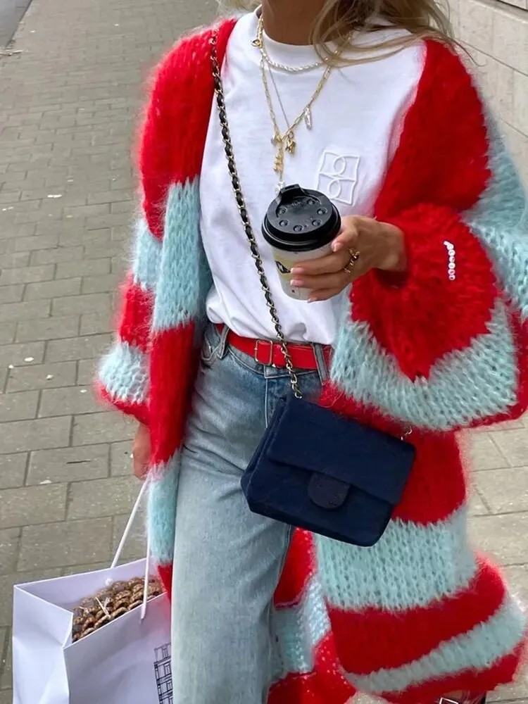 Knitted Cardigan Loose Women  Striped Sweater